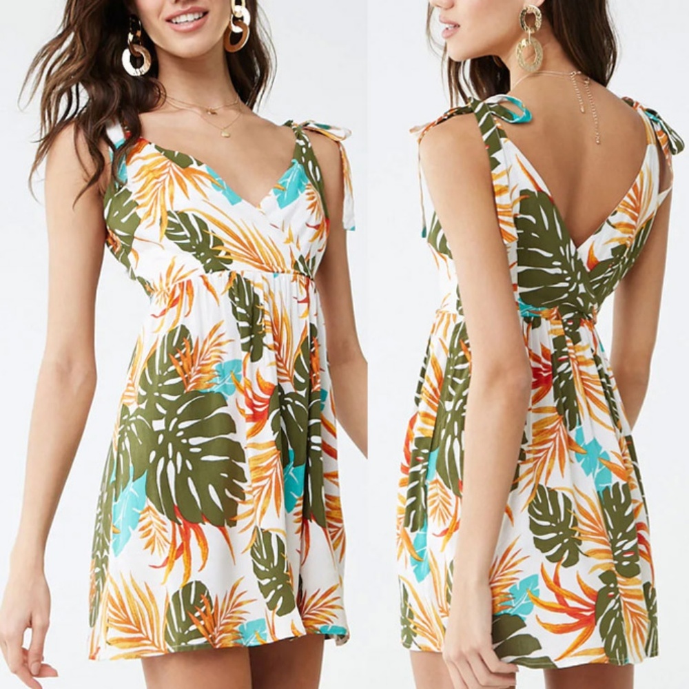 NEW Tropical Palm Foliage Leaf Print Surplice Tie Shoulder Dress - Picture 4 of 8